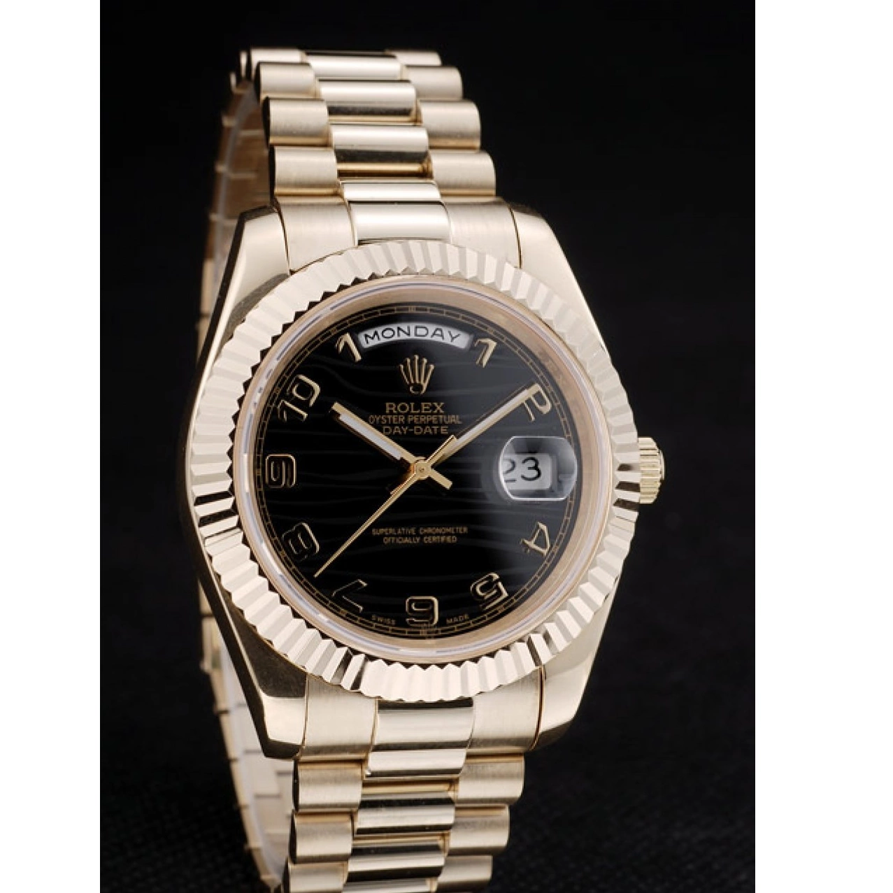 Good copy rolex watches Stainless Steel Gold Rolex Dial Patterned Black DayDate Strap 41980 0815